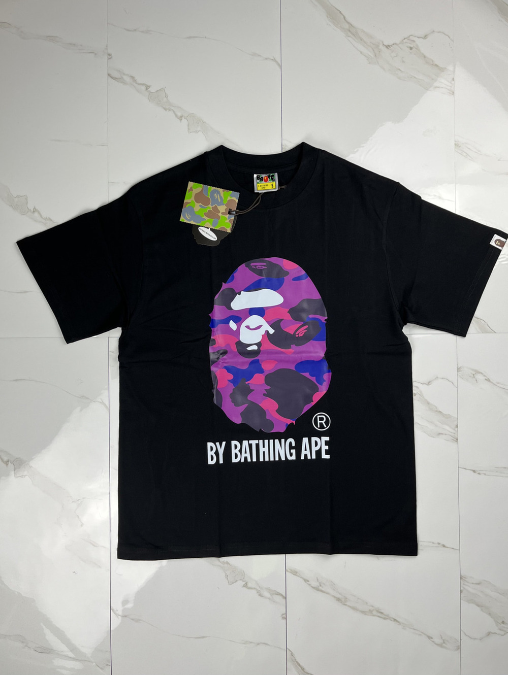 BAPE Black T-Shirt Purple Camo Ape Head Size S